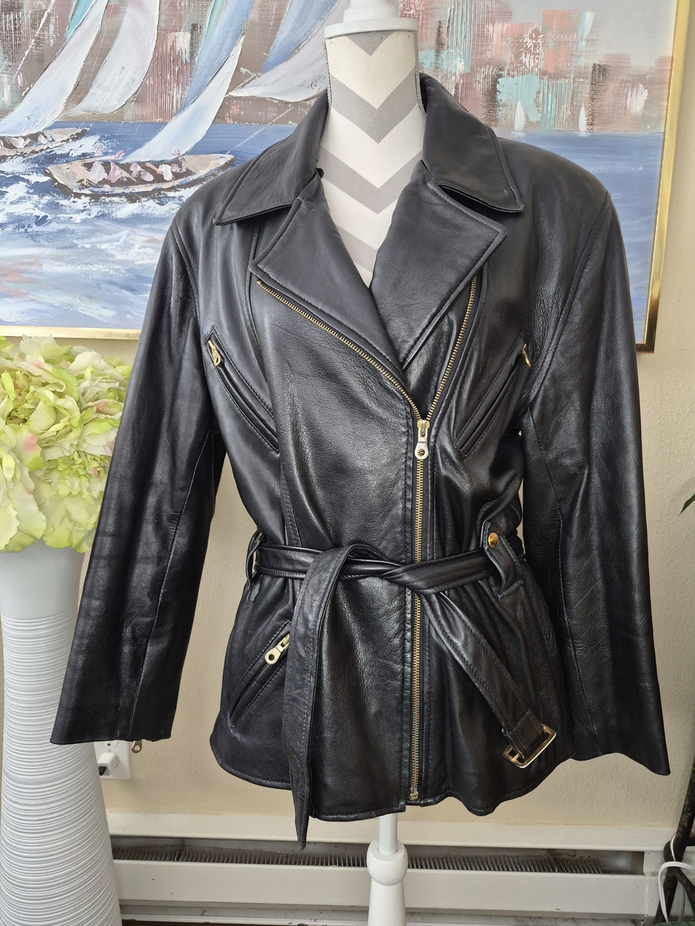 Black Leather Belted Jacket with Gold Hardware